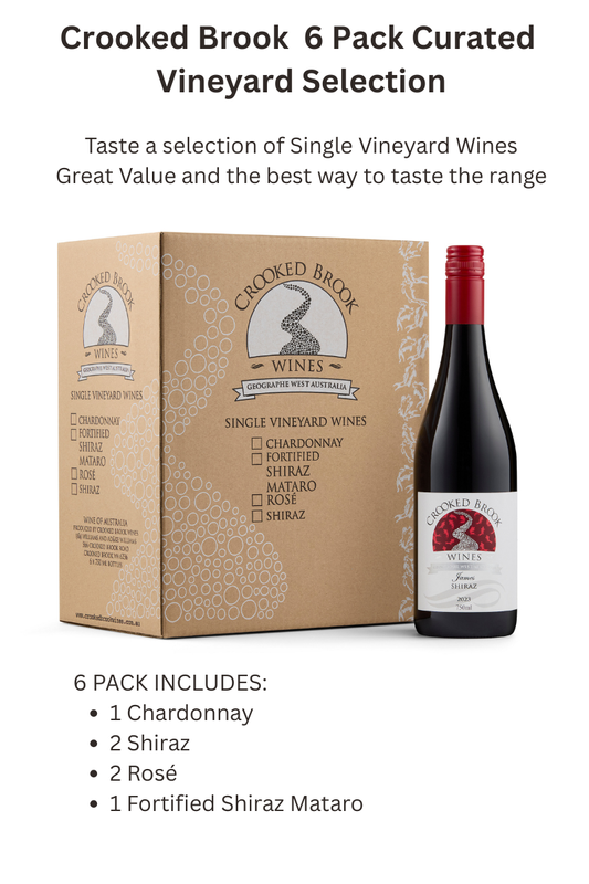 Crooked Brook 6 Pack Curated Selection, Emma Chardonnay, James Shiraz, Jean Rosé, Alex Fortified Shiraz Mataro a popular way to taste the terroir of Crooked Brook Vineyard
